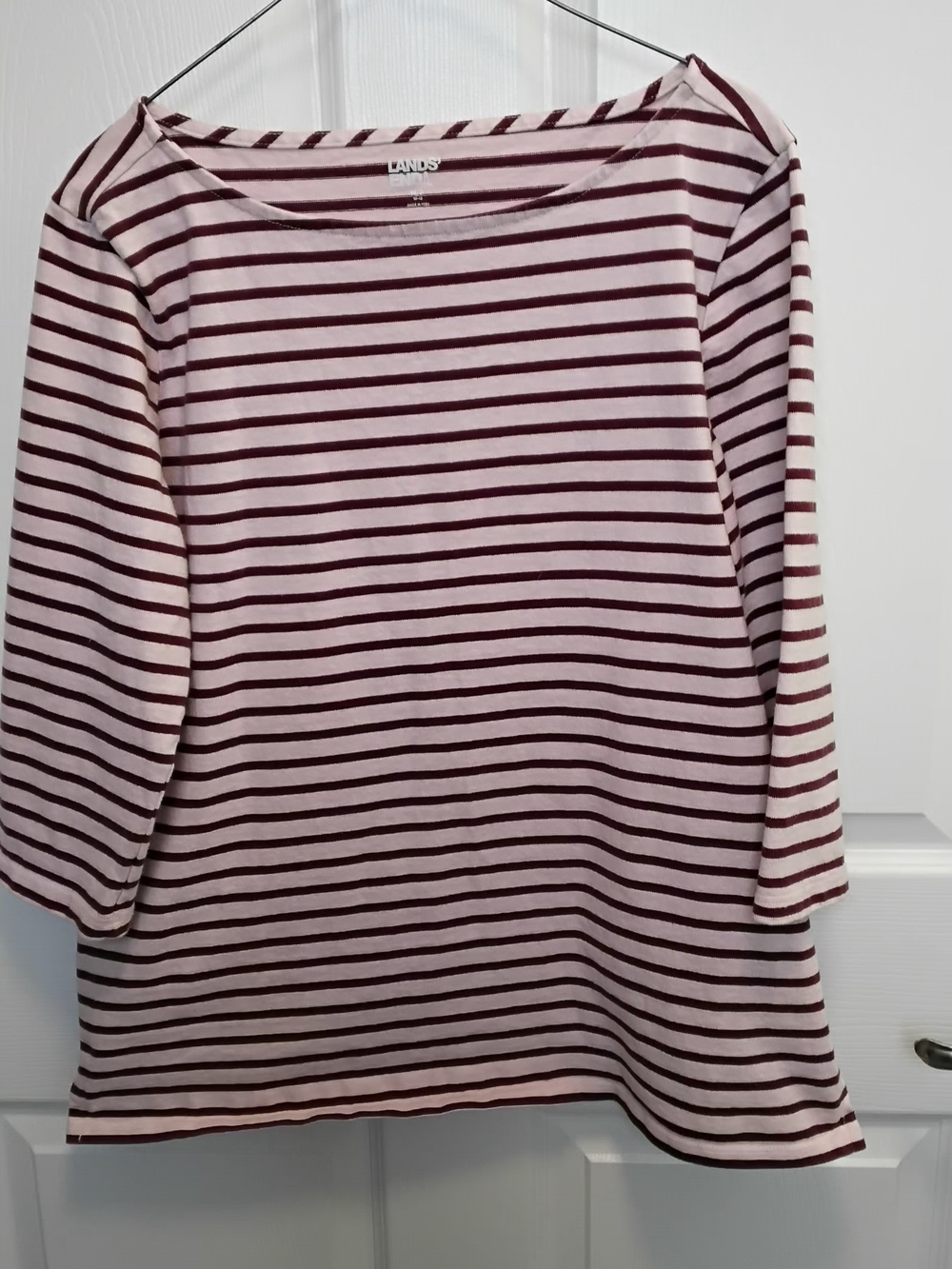 Pink‎ & Burgundy Nautical Striped Boatneck Top. Size M